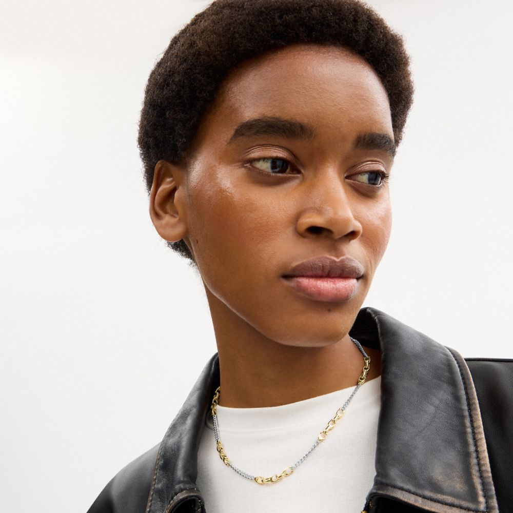 COACH®,Linked C Necklace,Single Strand,Cubic Zirconia,Lettering Word,Logo,Chain Link,Brass Silver,Brass Gold,Casual,Gold,Detail View