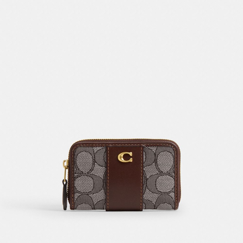 Coach Essential Small Zip Around Card Case In Signature Jacquard In Brown