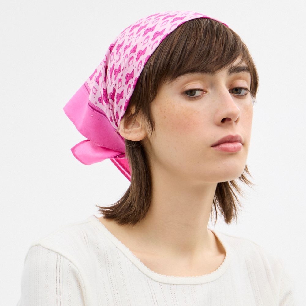 COACH®,Teddy Bear Print Bandana,Silk,Cotton,Square,Color Block,Logo,Casual,Multi Color,Detail View