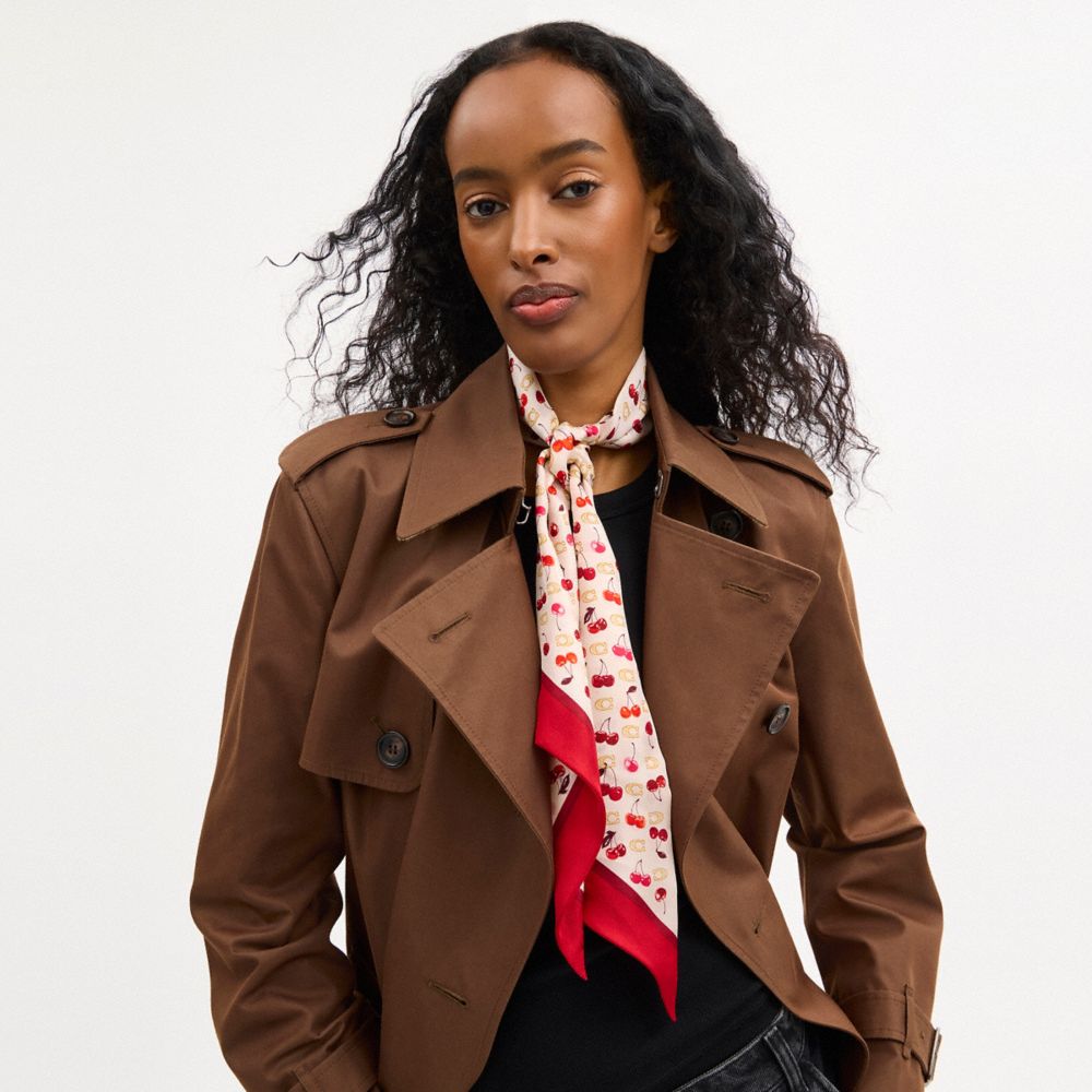 COACH®,Sculpted C Cherries Print Silk Wide Skinny Scarf,,Detail View