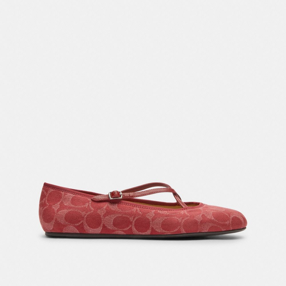 COACH®,Phoebe Ballet Flat In Signature Denim,Leather,Cotton,Rubber,Ballet Flats,Fabric,Logo,Sustainable,Casual,Maroon,Angle View