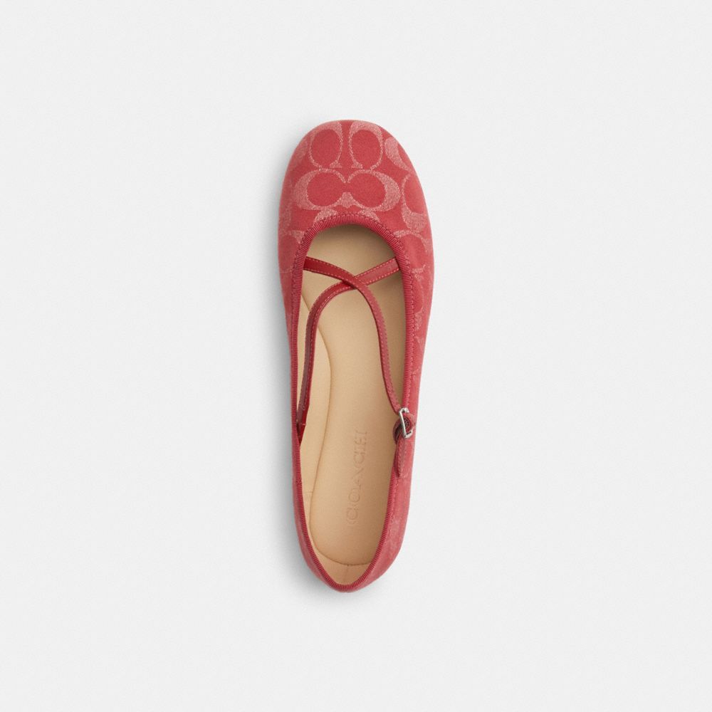 COACH®,Phoebe Ballet Flat In Signature Denim,Leather,Cotton,Rubber,Ballet Flats,Fabric,Logo,Sustainable,Casual,Maroon,Inside View,Top View
