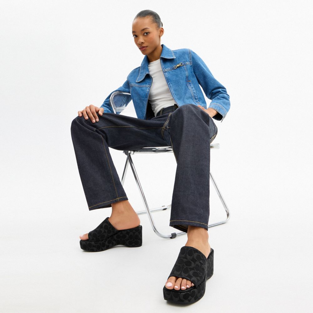 COACH®,Phoebe Platform Sandal In Signature Denim,Rubber,Cotton,Denim,Slides,Logo,Sustainable,Day Party,Black,Detail View