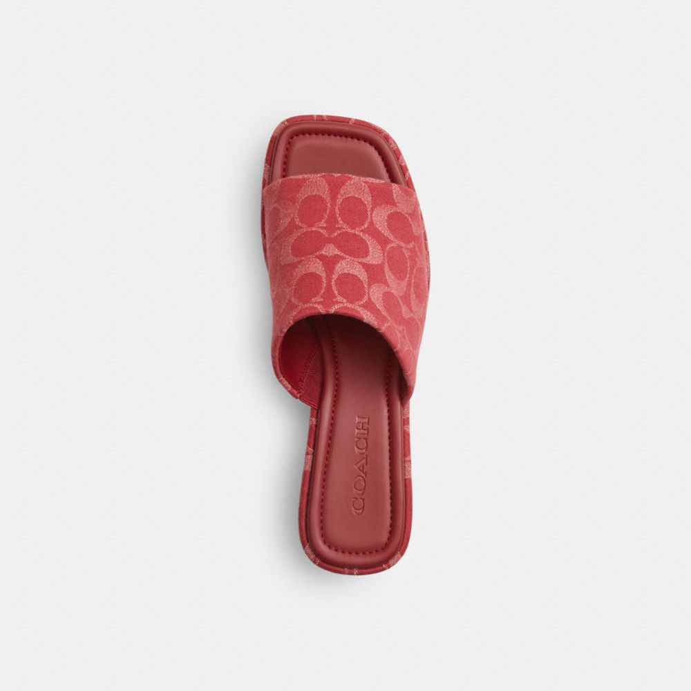 COACH®,Phoebe Platform Sandal In Signature Denim,Rubber,Denim,Cotton,Slides,Logo,Sustainable,Day Party,Maroon,Inside View,Top View