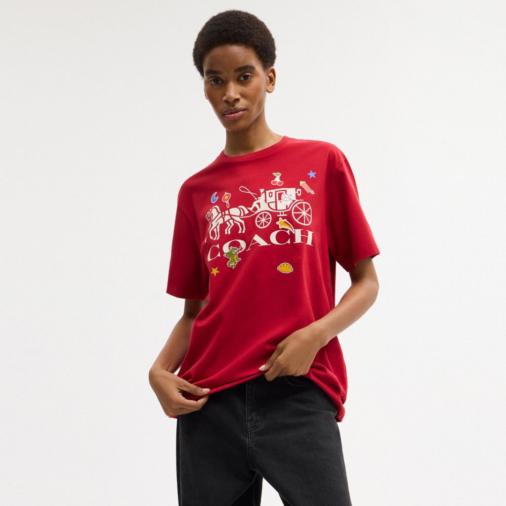 COACH®,Horse And Carriage Sticker T-Shirt In Organic Cotton,Organic Cotton,T Shirt,Logo,Sustainable,Casual,Red,Scale View