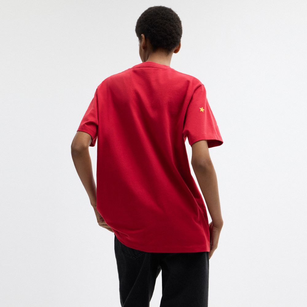 COACH®,Horse And Carriage Sticker T-Shirt In Organic Cotton,Organic Cotton,T Shirt,Logo,Sustainable,Casual,Red,Scale View