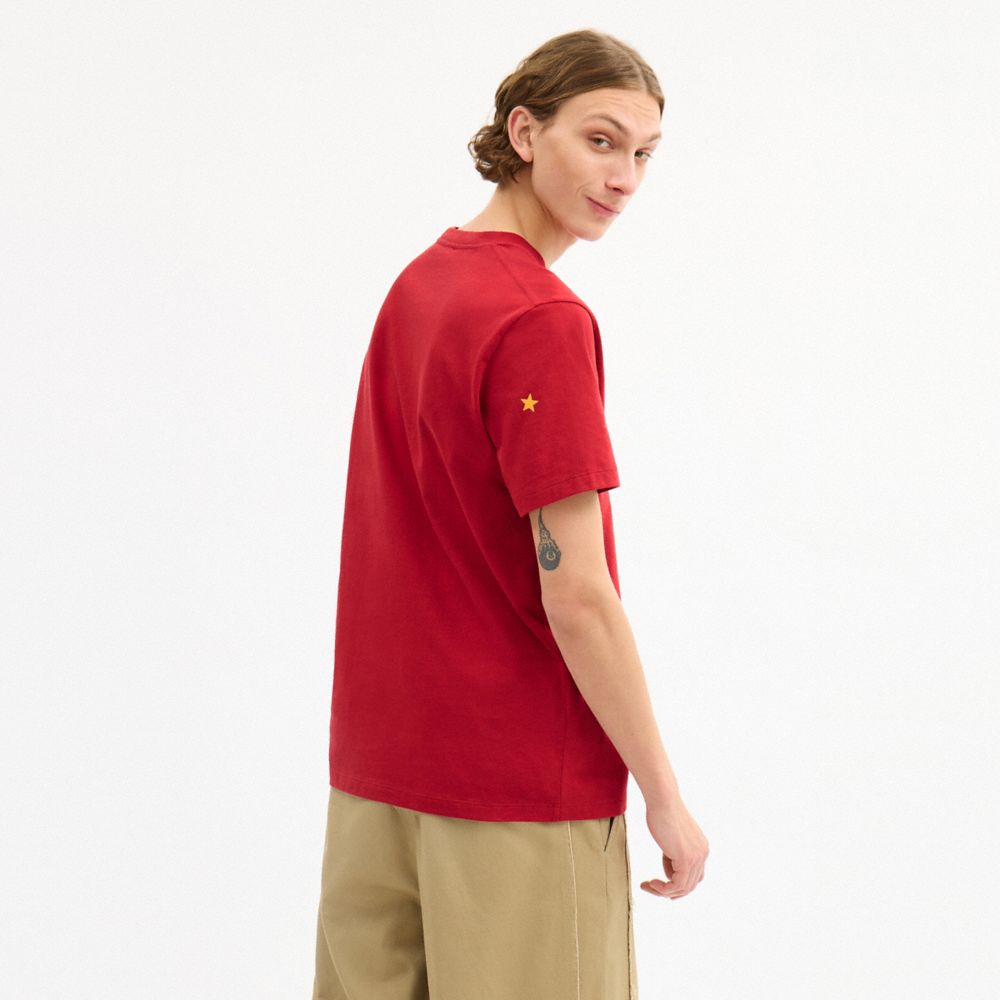 COACH®,Horse And Carriage Sticker T-Shirt In Organic Cotton,Organic Cotton,T Shirt,Logo,Sustainable,Casual,Red,Scale View