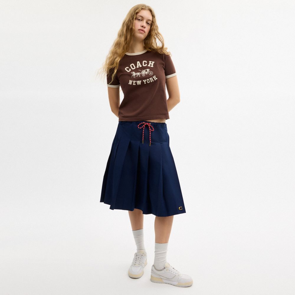 COACH®,Sporty Pleated Midi Skirt,Polyester,Cotton,Pleated,A-Line,Metal,Drawstring,Casual,Navy,Scale View