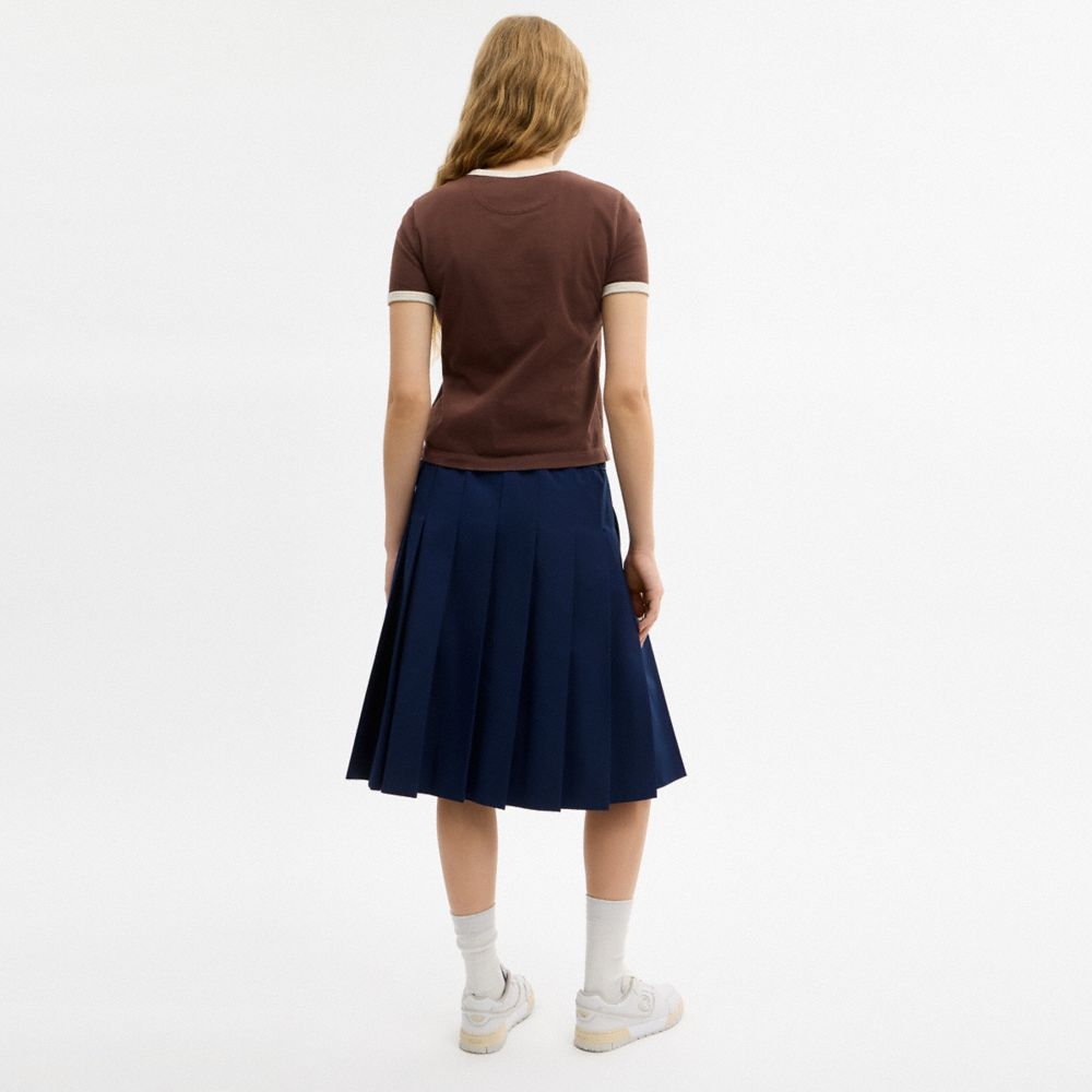 COACH®,Sporty Pleated Midi Skirt,Polyester,Cotton,Pleated,A-Line,Metal,Drawstring,Casual,Navy,Scale View