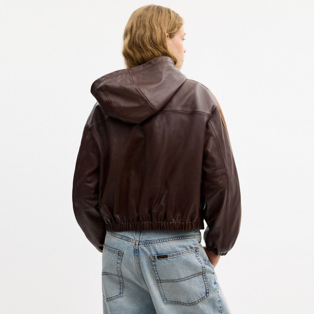 COACH®,Leather Windbreaker,Lining Recycled Polyester,Lambskin,Recycled Polyester,Leather,Viscose,Leather,Drawstring,Piping...,Brown,Scale View