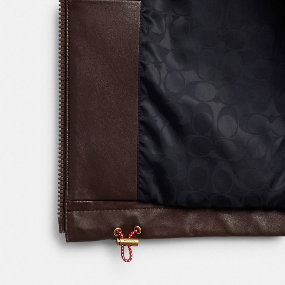 COACH®,Leather Windbreaker,Lining Recycled Polyester,Lambskin,Recycled Polyester,Leather,Viscose,Leather,Drawstring,Piping...,Brown,Inside View,Top View