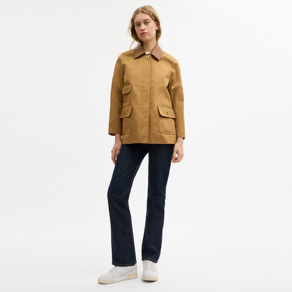 COACH®,Turnlock Swing Coat,Canvas,Viscose,Leather,Polyamide,Lining Recycled Polyester,Cotton,Jacket,Button,Sustainable,Casual,Brown,Scale View