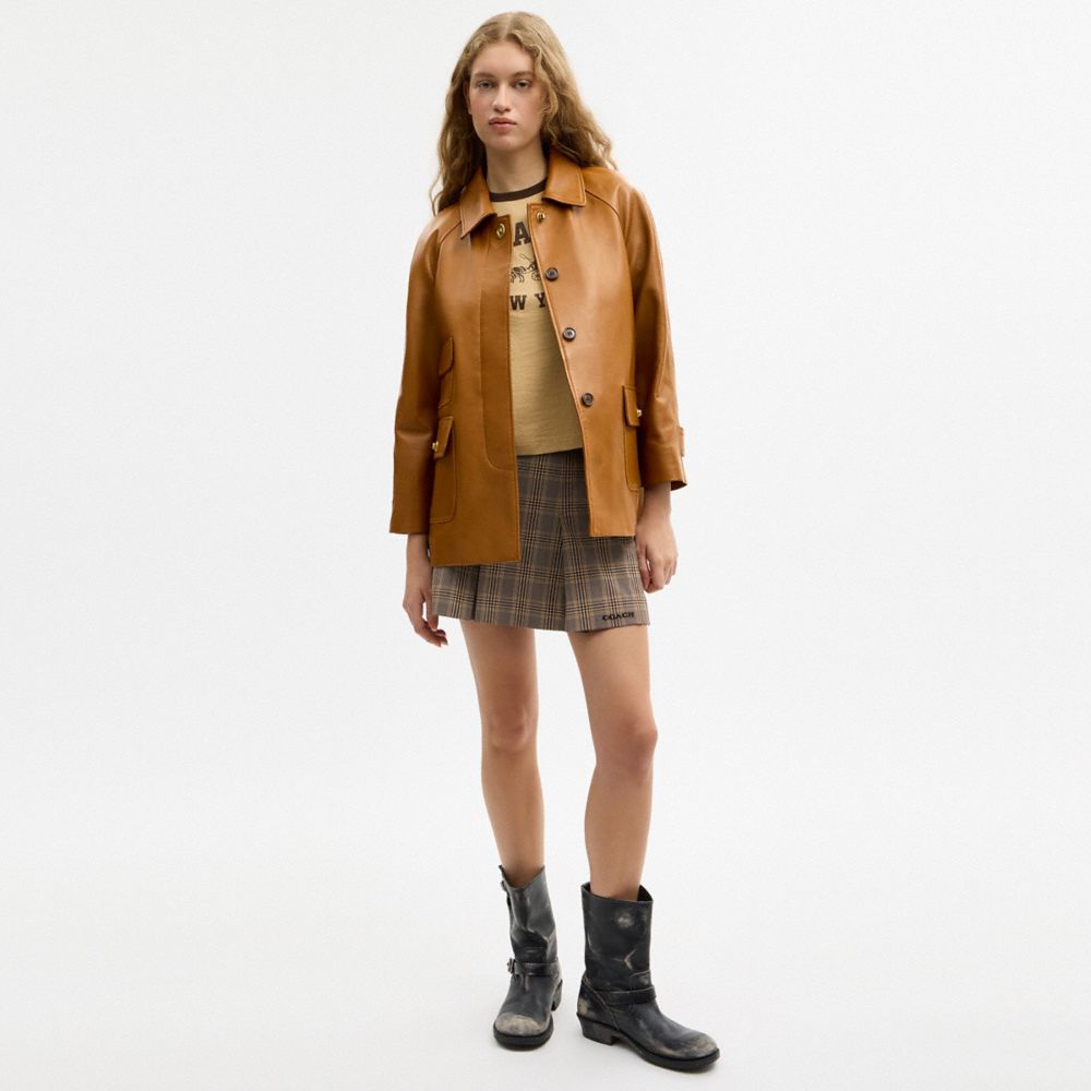 COACH®,Turnlock Leather Swing Coat,Lambskin,Viscose,Recycled Polyester,Leather,Button,Sustainable,Casual,Brown,Scale View