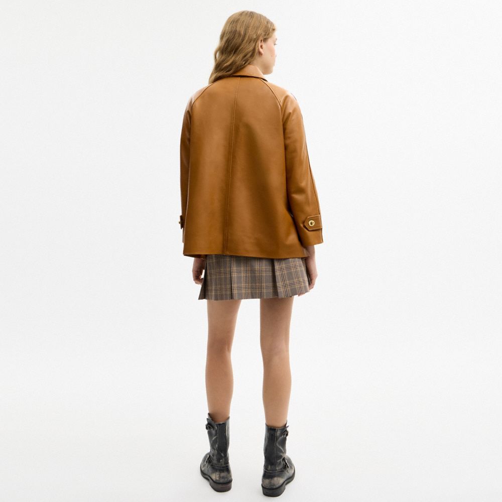 COACH®,Turnlock Leather Swing Coat,Lambskin,Viscose,Recycled Polyester,Leather,Button,Sustainable,Casual,Brown,Scale View