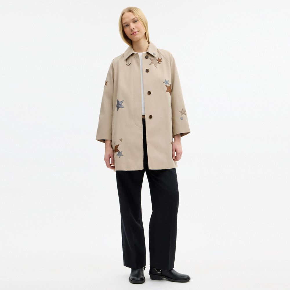 COACH®,Applique Balmacaan,Viscose,Polyamide,Lining Recycled Polyester,Cotton,Leather,Jacket,Applique,Center Back Vent,Sust...,Beige,Scale View