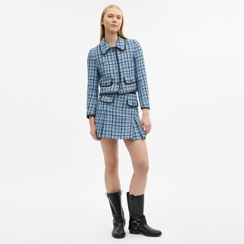 COACH®,Turnlock Tweed Skirt,Cotton Blend,Viscose,Acrylic,Recycled Polyester,Polyester,Leather,A-Line,Button,Piping,Lined,S...,Multi Color,Scale View