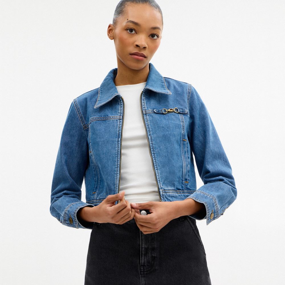 COACH®,Sculpted C Shrunken Denim Jacket In Organic Cotton,Cotton,Polyester,Organic Cotton,Viscose,Denim,Metal,Eco-Friendly...,Blue,Scale View