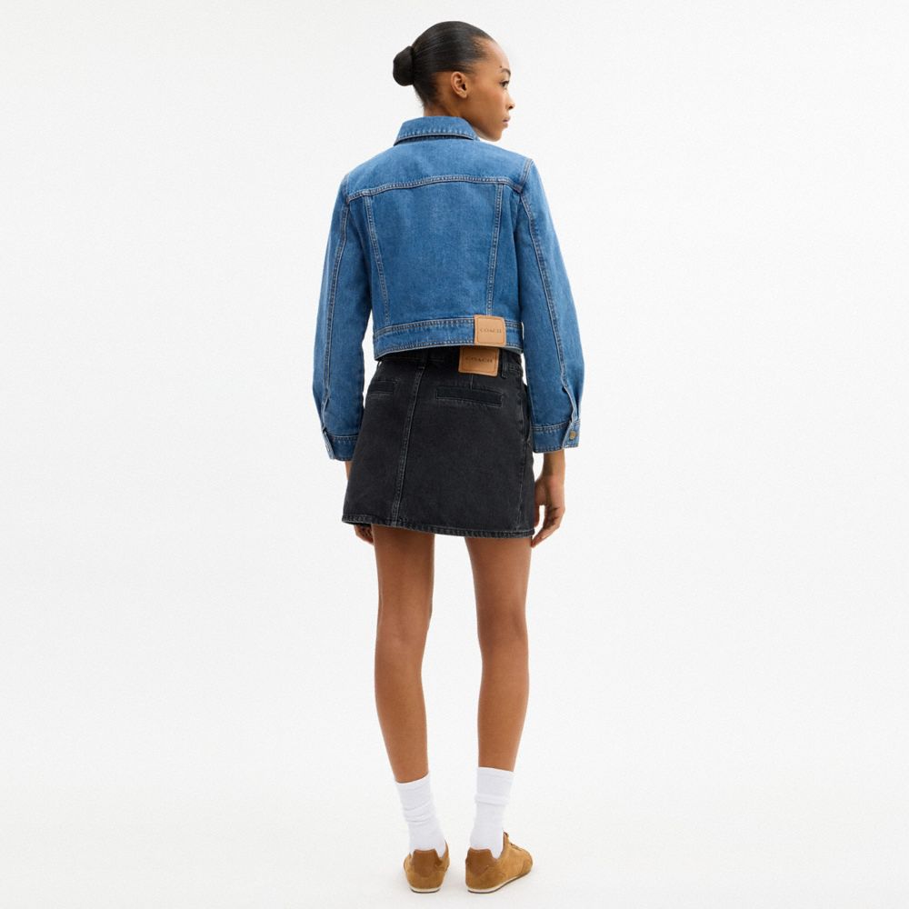 COACH®,Sculpted C Shrunken Denim Jacket In Organic Cotton,Cotton,Polyester,Organic Cotton,Viscose,Denim,Metal,Eco-Friendly...,Blue,Scale View