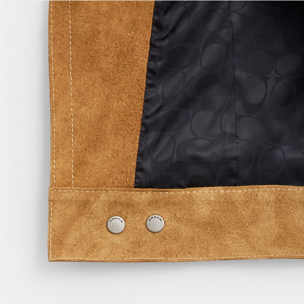 COACH®,Asymmetric Suede Jacket,Viscose,Suede,Recycled Polyester,Lining Recycled Polyester,Moto,Button,Zipper,Sustainable,C...,Brown,Inside View,Top View