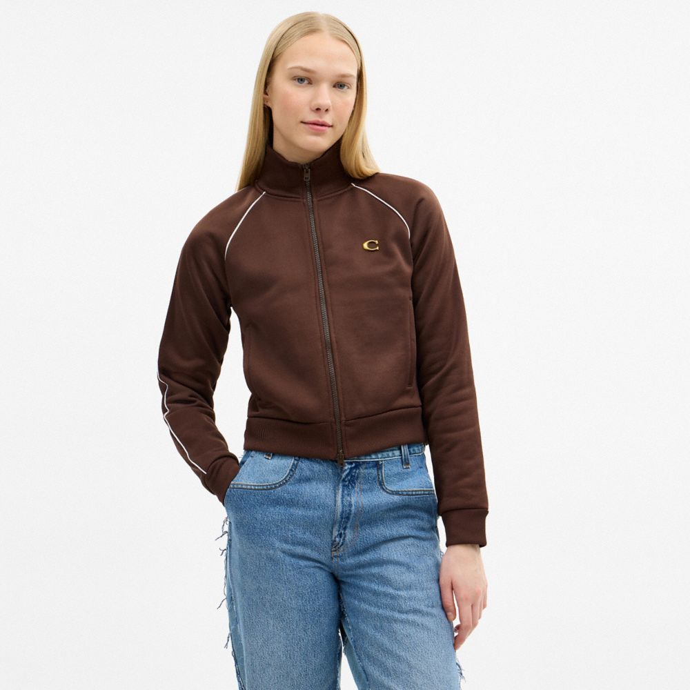 COACH®,Full Zip Track Jacket,Polyester,Cotton,Cotton Blend,Track,Metal,Logo,Piping,Discrete Zippers,Casual,Brown,Scale View