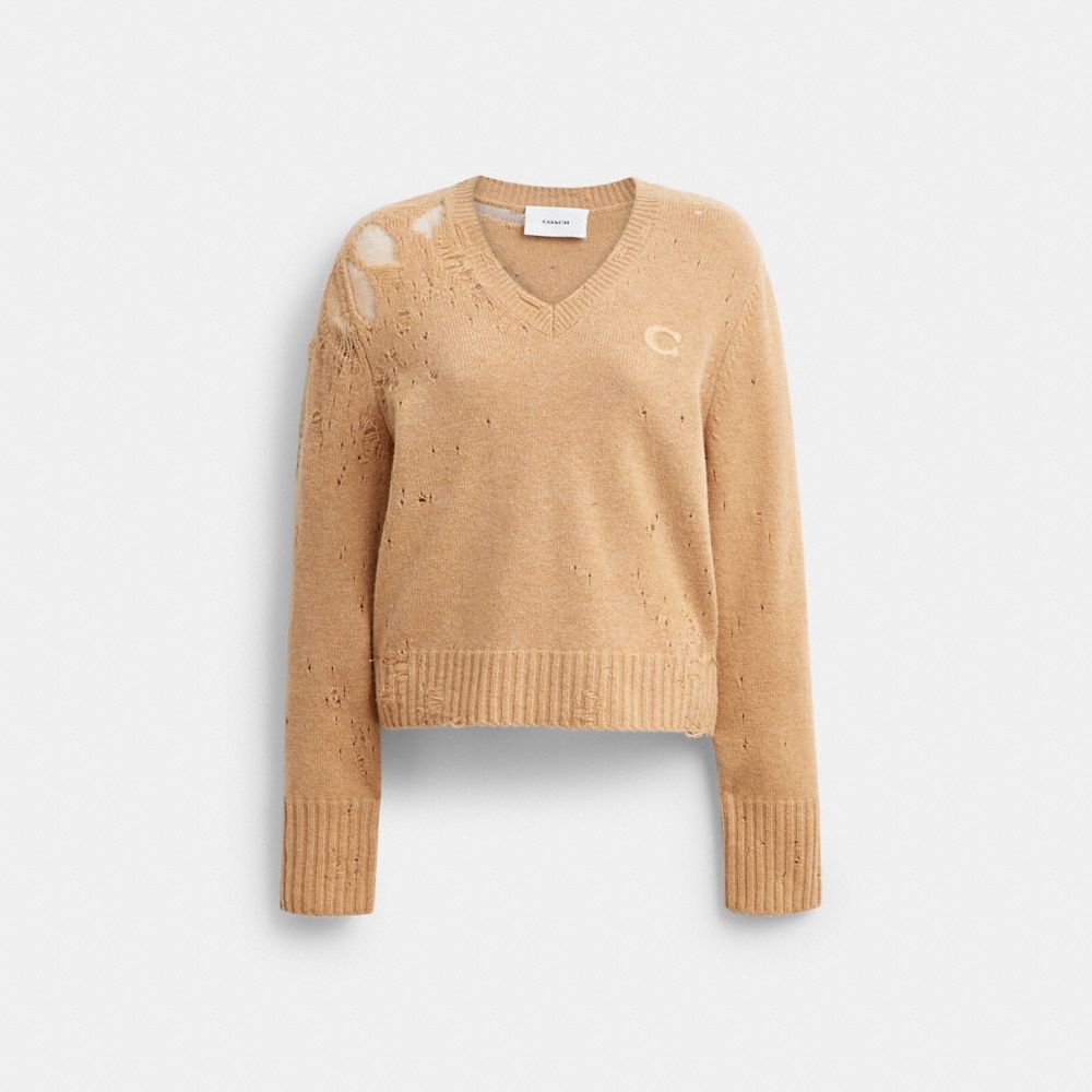 COACH®,Loved Long Sleeve V-Neck Sweater,Wool,Recycled Cashmere,Pullover,Sweater,Applique,Ripped,Casual,Beige,Front View
