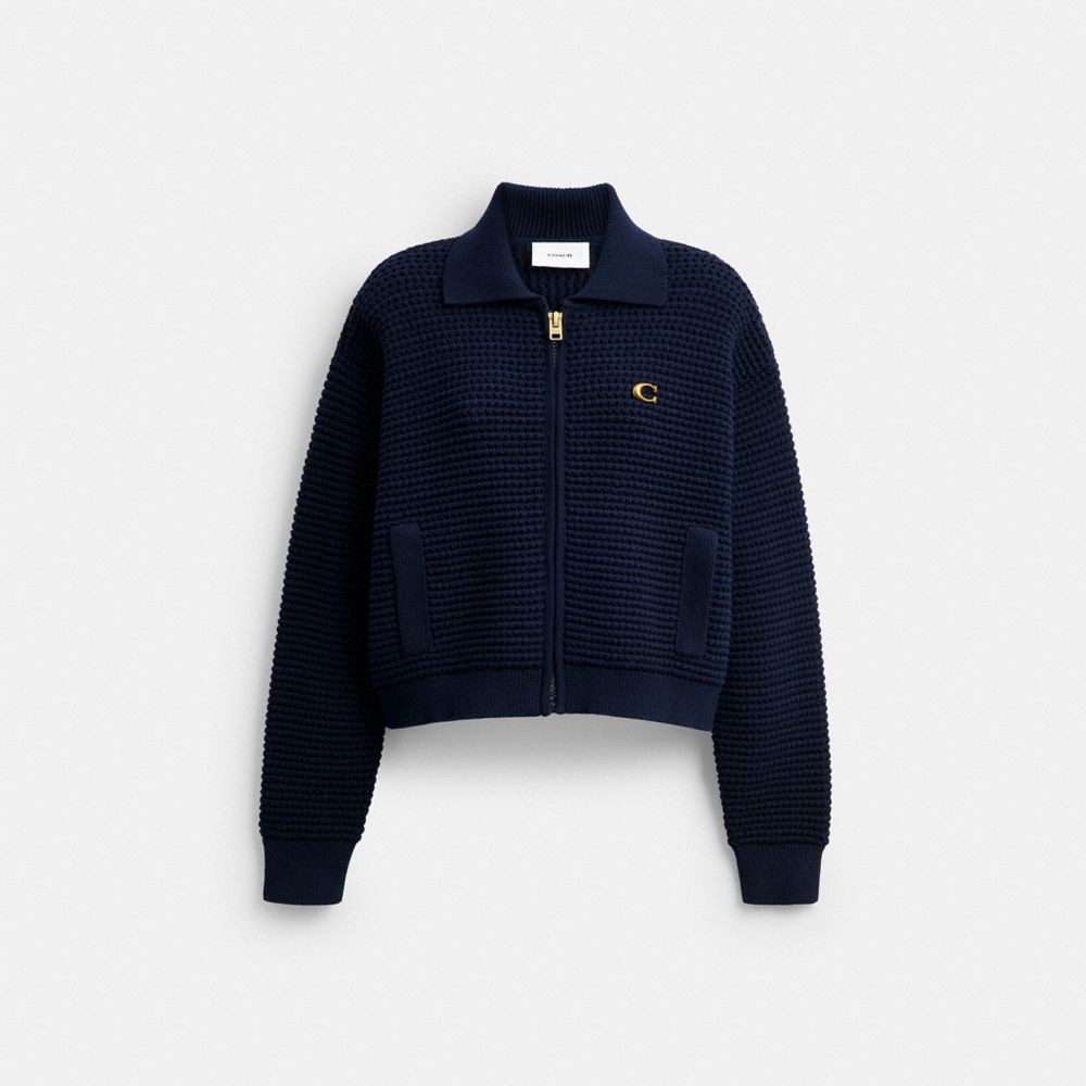 COACH®,Zip Front Cardigan,Organic Cotton,Polyamide,Recycled Polyester,Cotton Blend,Cotton Knit,Cardigan,Metal,Casual,Navy,Front View