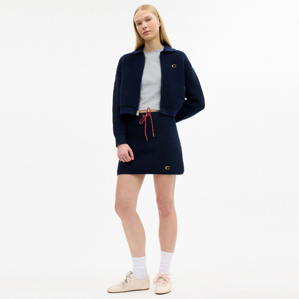 COACH®,Zip Front Cardigan,Organic Cotton,Polyamide,Recycled Polyester,Cotton Blend,Cotton Knit,Cardigan,Metal,Casual,Navy,Scale View