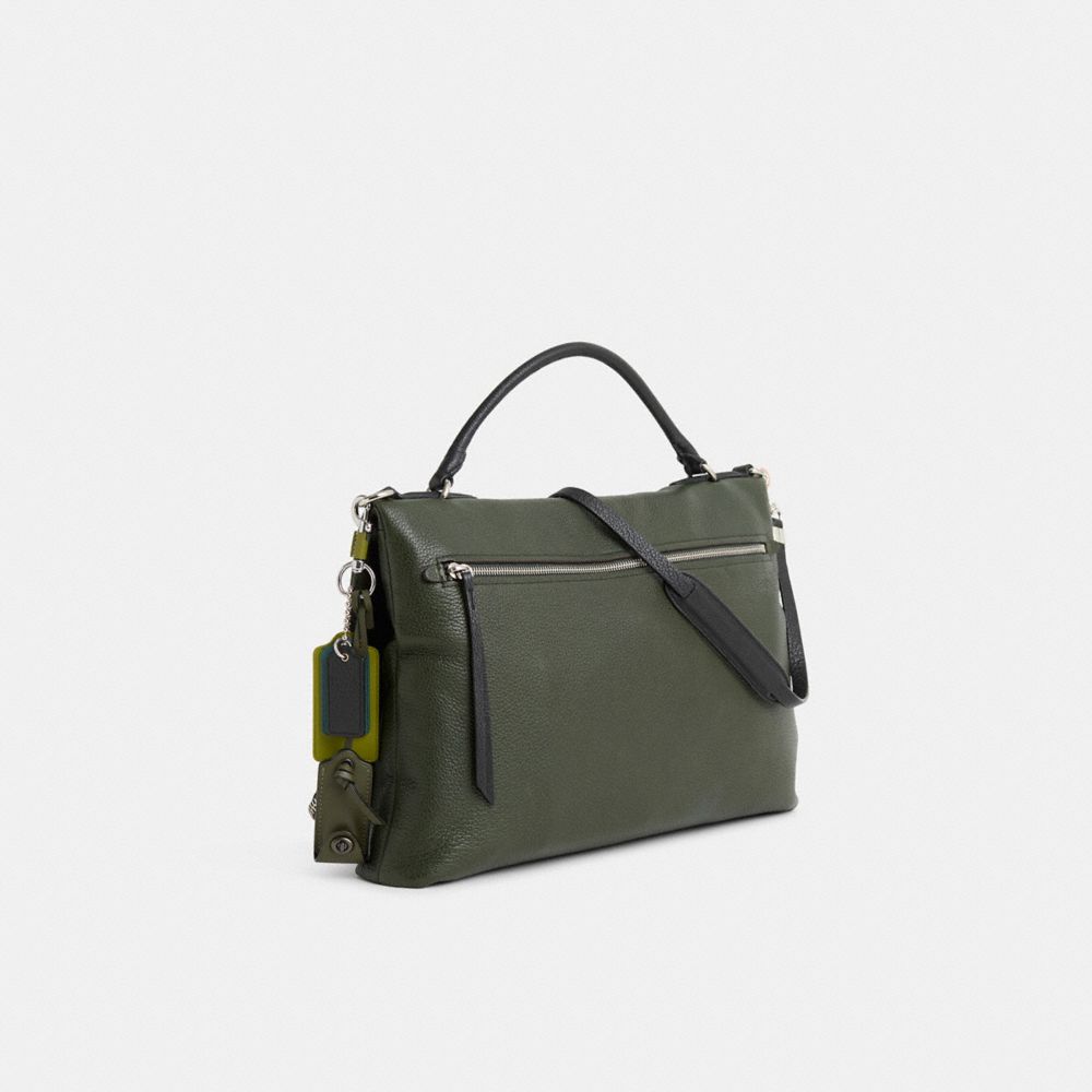 COACH®,Upcrafted Urbane Bag,Leather,Crossbody,Embossed,Logo,Studded,Applique,Silver Metal,Day Party,Olive,Angle View