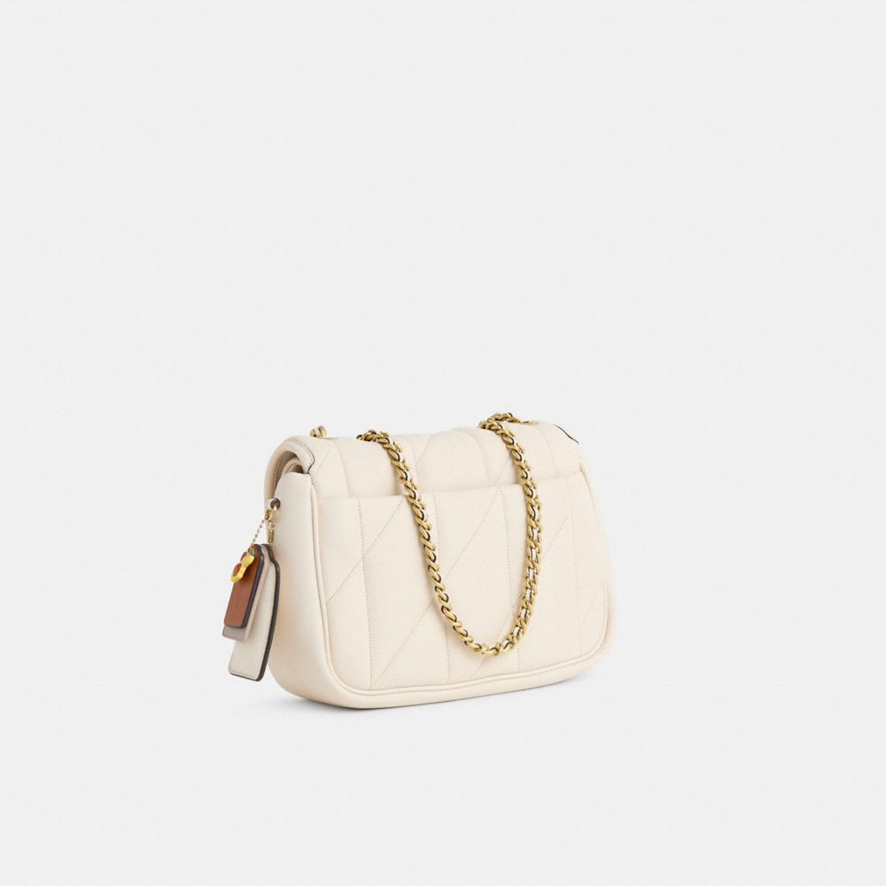 COACH®,Upcrafted Pillow Madison Shoulder Bag,Leather,Shoulder Bag,Studded,Logo,Metal,Embossed,Embellished,Applique,Gold Me...,Cream,Angle View