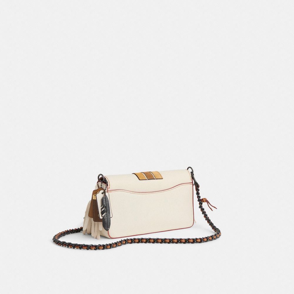COACH®,Upcrafted Dinky,Leather,Crossbody,Chain Detail,Stripe,Embossed,Logo,Fringe,Gold Metal,Day Party,Cream,Angle View