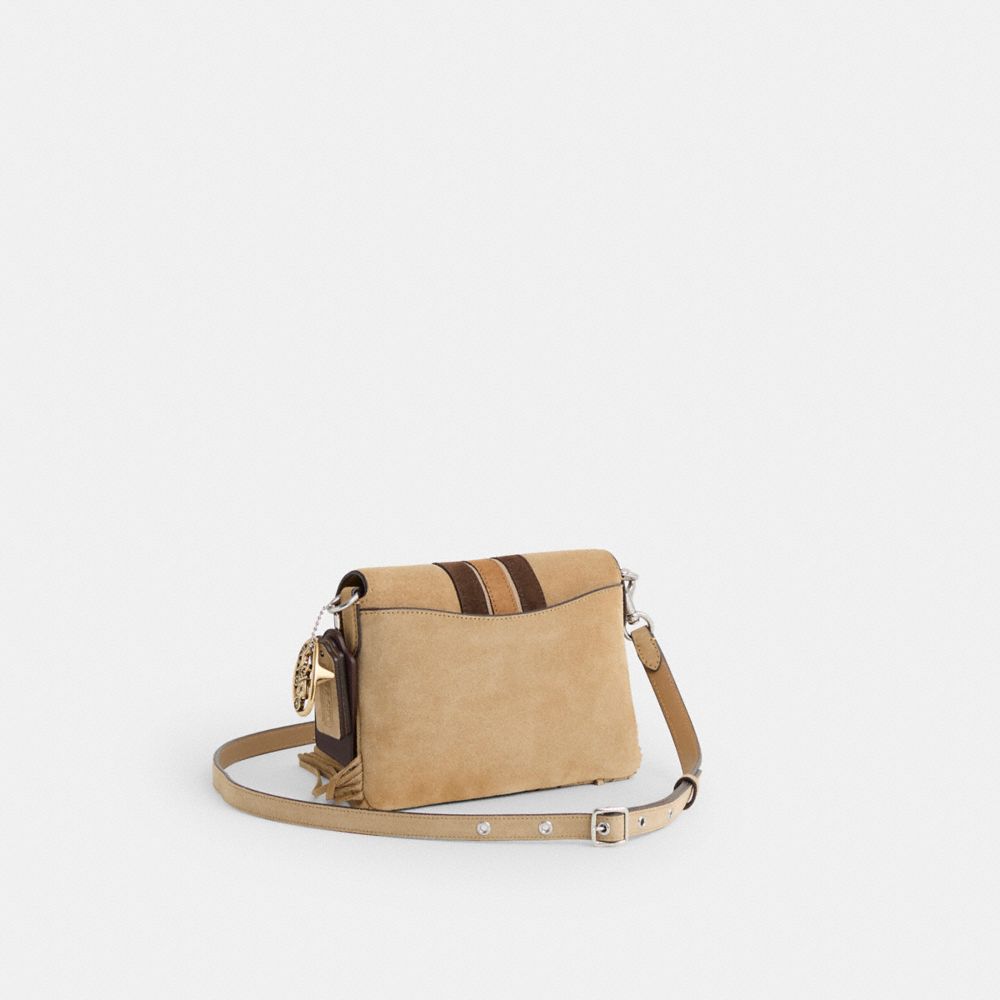 COACH®,Upcrafted 1964 Fringe Bag,Leather,Suede,Shoulder Bag,Embossed,Metal,Stripe,Logo,Fringe,Silver Metal,Casual,Beige,Angle View