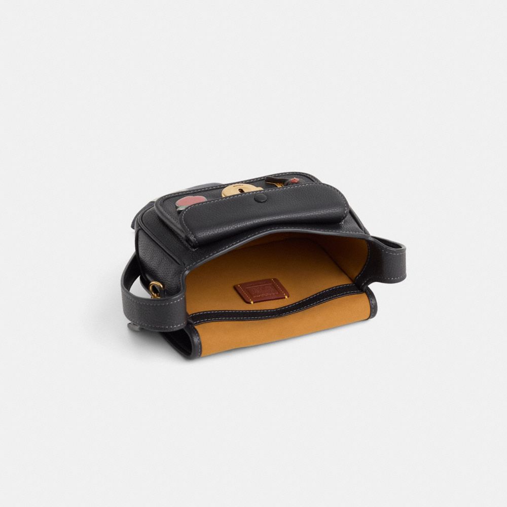 COACH®,Upcrafted Tabby Messenger 19,Leather,Calfskin Leather,Crossbody,Bow,Metal,Logo,Embossed,Rhinestones,Gold Metal,Casual,Black,Inside View,Top View