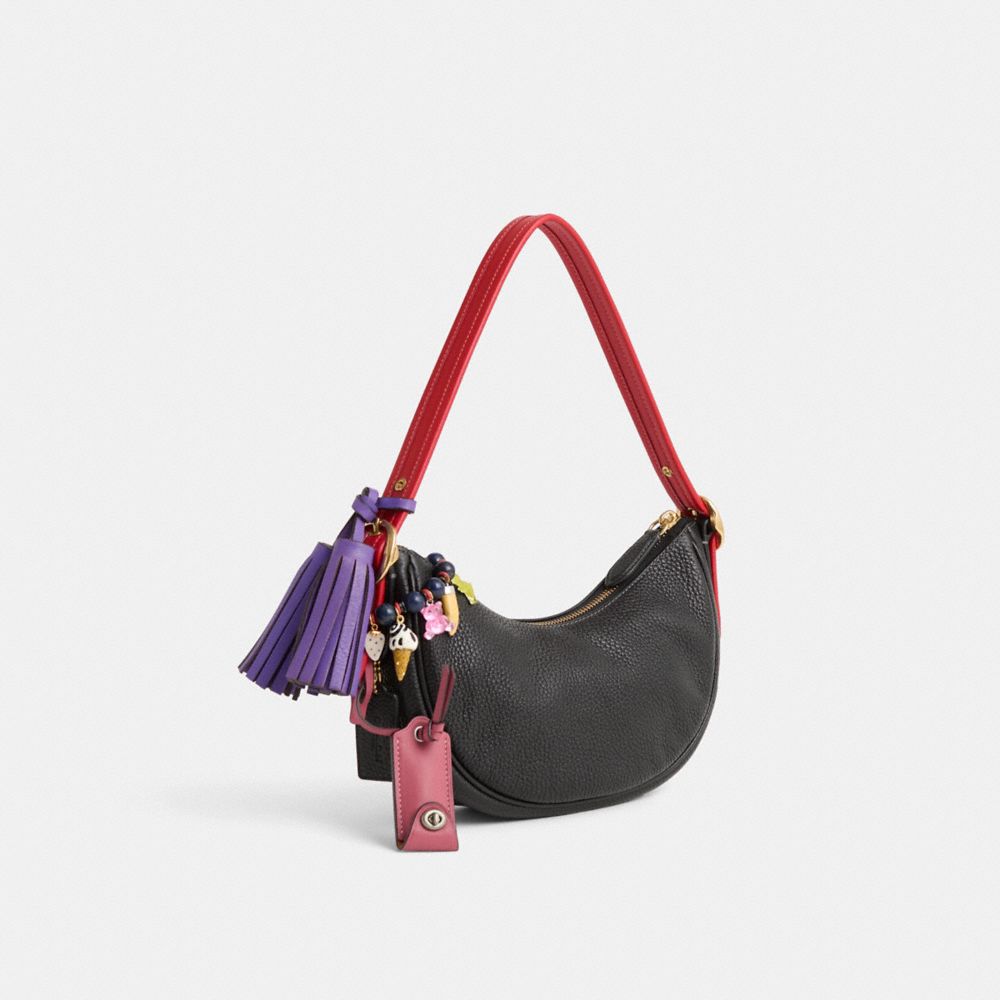 COACH®,Upcrafted Luna Shoulder Bag,Leather,Shoulder Bag,Bead Embellishment,Logo,Metal,Tassel,Brass,Day Party,Black,Angle View