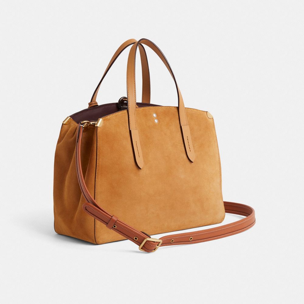 COACH®,Upcrafted Cooper Carryall,Leather,Suede,Satchel,Grommet,Metal,Tie Belt,Studded,Color Block,Gold Metal,Casual,Brown,Angle View