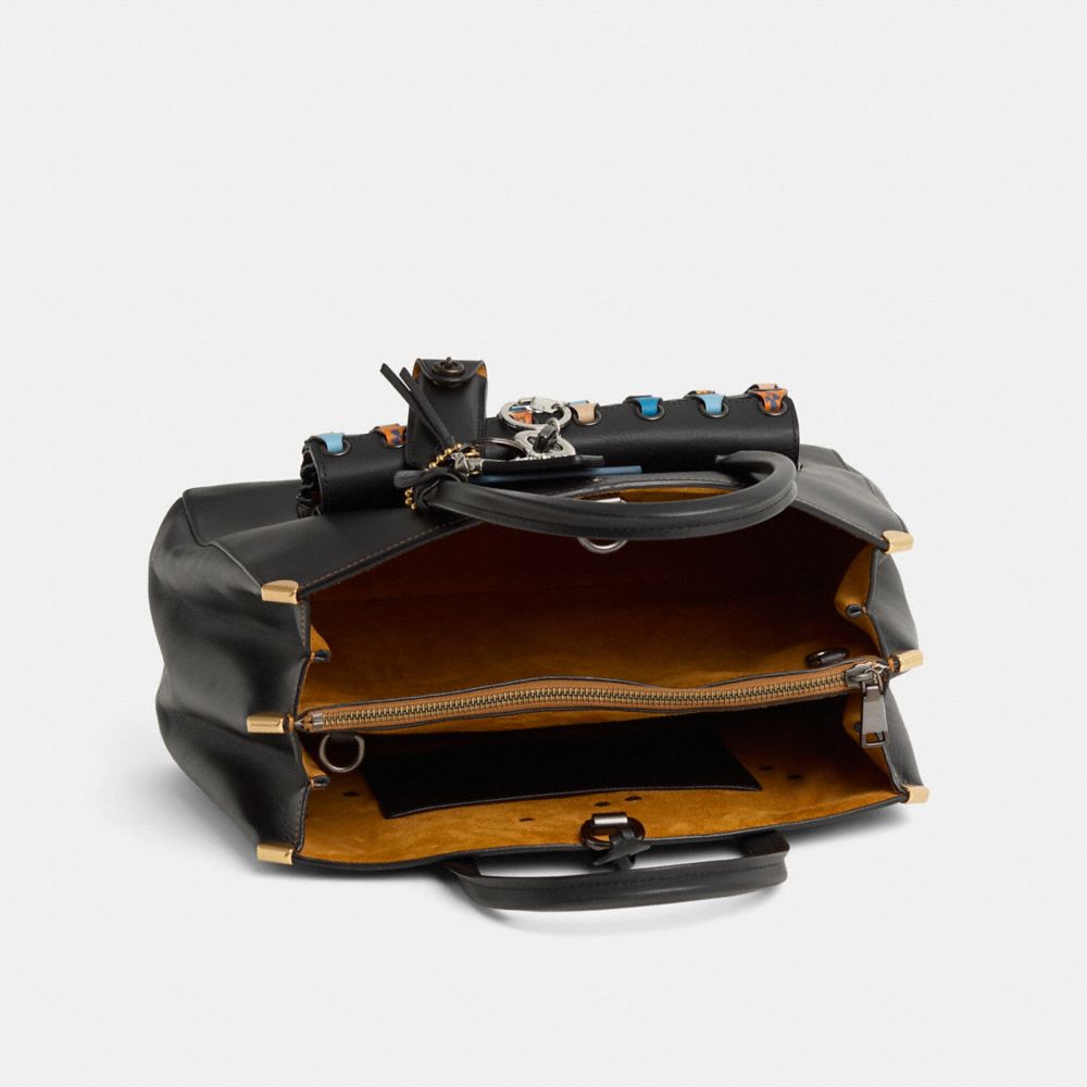 COACH®,Upcrafted Cooper Carryall,Suede,Leather,Satchel,Logo,Metal,Caged,Applique,Embellished,Studded,Silver Metal,Gold Met...,Black,Inside View,Top View