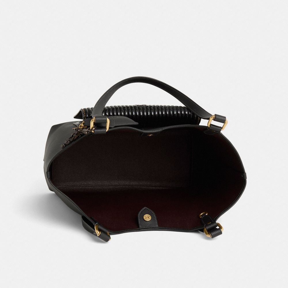 COACH®,Upcrafted Day Tote,Leather,Hobo,Metal,Quilted,Rhinestones,Mixed Media,Logo,Gold Metal,Casual,Black,Inside View,Top View