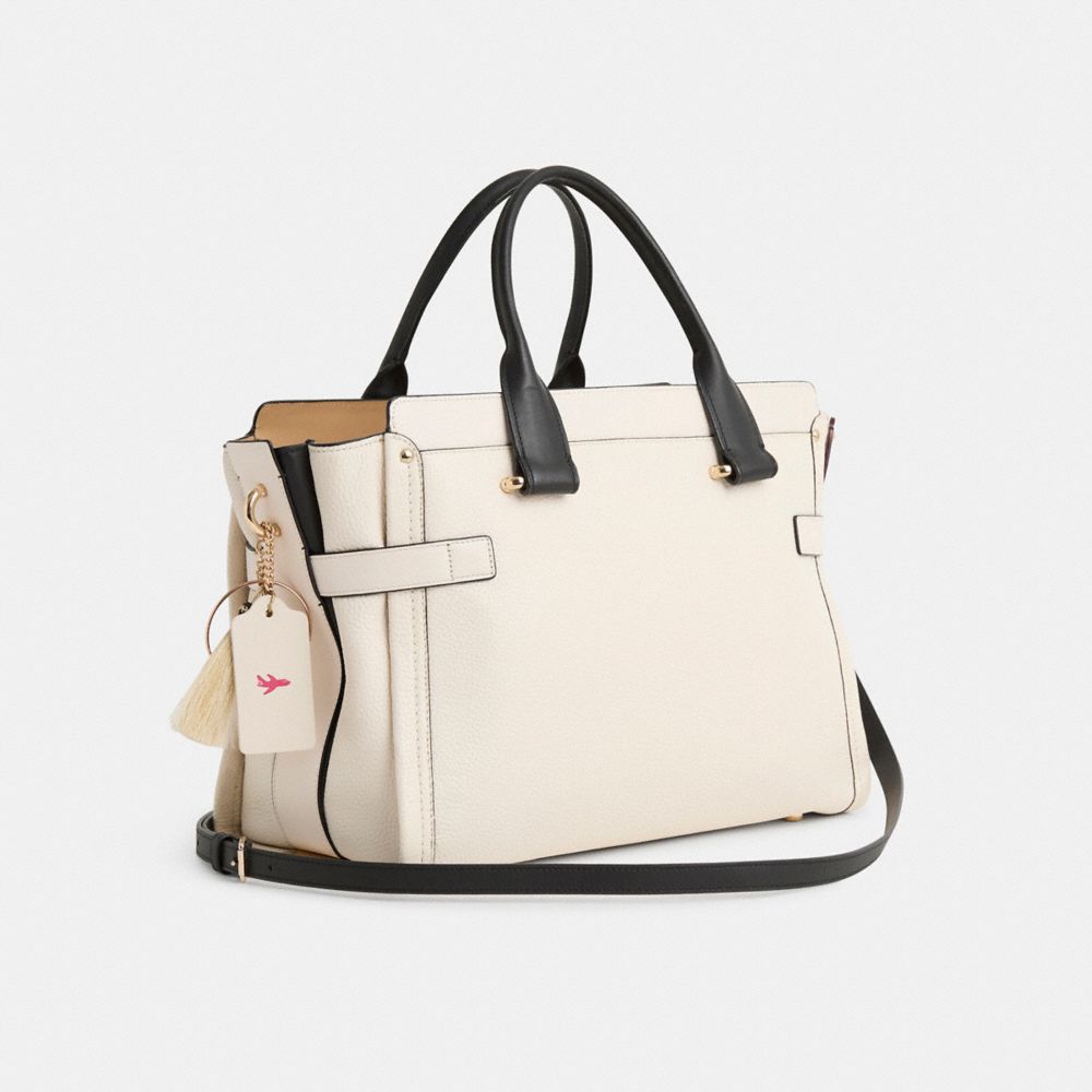 COACH®,Upcrafted Coach Swagger 37,Leather,Satchel,Studded,Tassel,Metal,Gold Metal,Work,Cream,Angle View