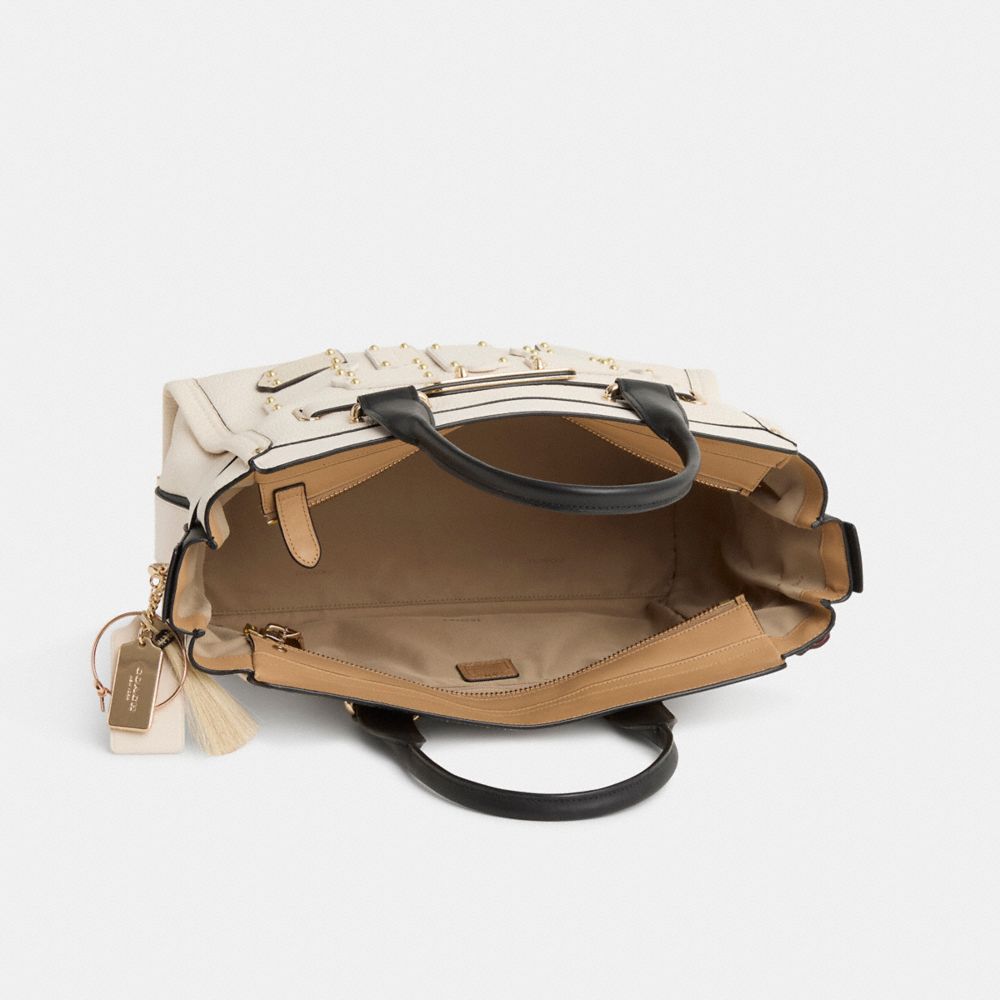 COACH®,Upcrafted Coach Swagger 37,Leather,Satchel,Studded,Tassel,Metal,Gold Metal,Work,Cream,Inside View,Top View