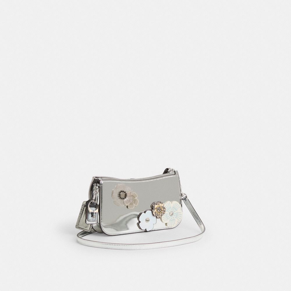 COACH®,Upcrafted Penn Shoulder Bag,Snakeskin,Leather,Shoulder Bag,Embellished,Logo,Metal,Embossed,Bow,Applique,Silver Meta...,Metallic,Angle View