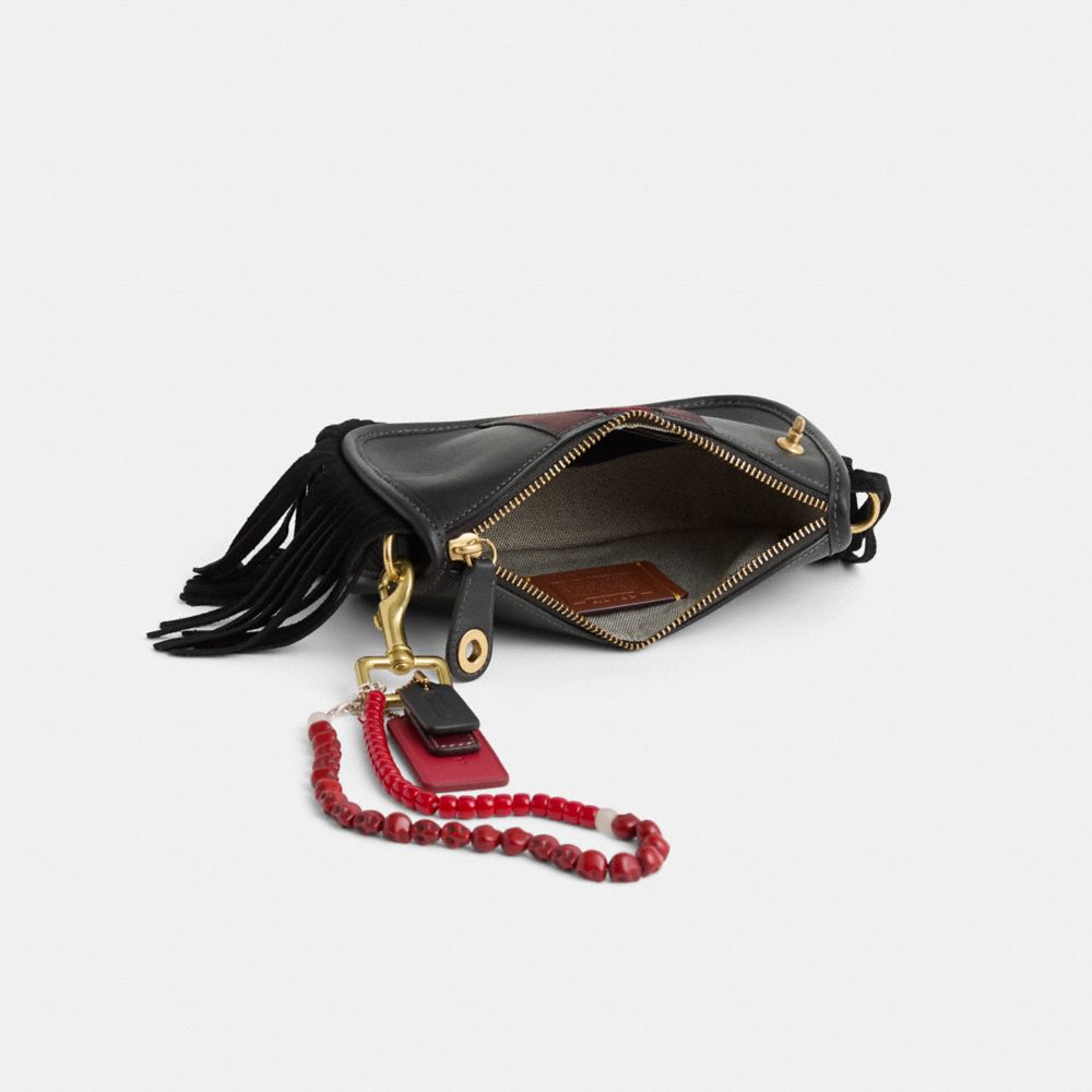 COACH®,Upcrafted Swinger 20,Leather,Shoulder Bag,Bead Embellishment,Logo,Embossed,Stripe,Metal,Fringe,Gold Metal,Day Party,Black,Inside View,Top View