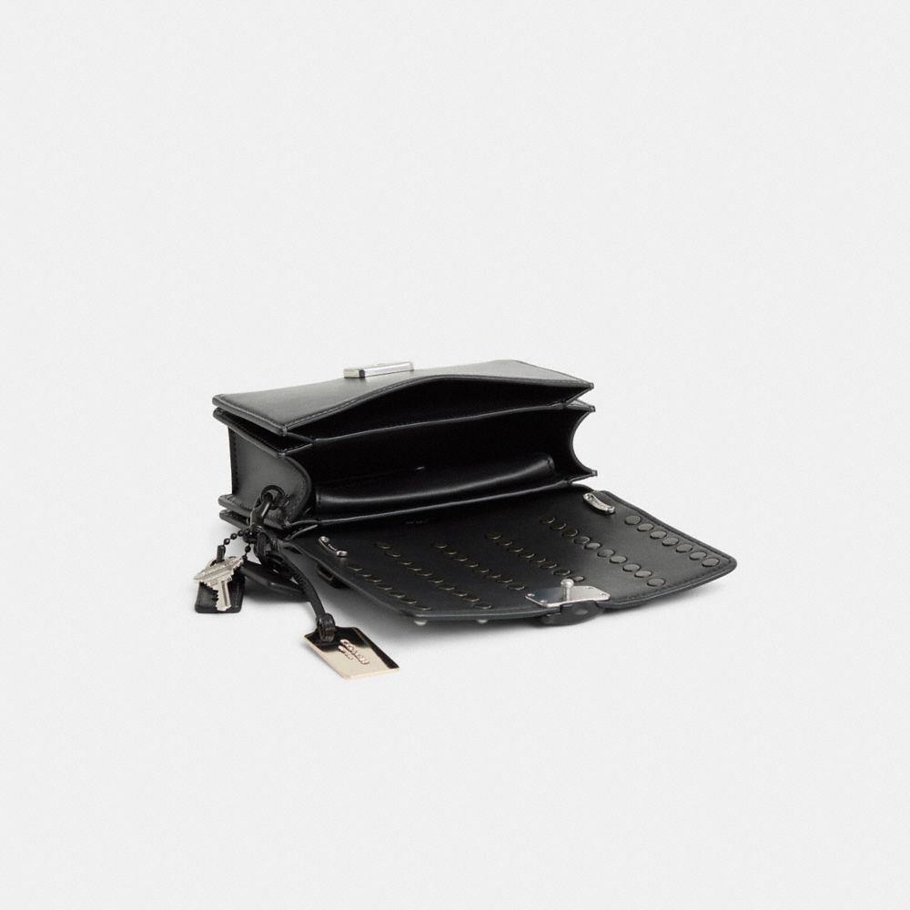 COACH®,Upcrafted Bandit Crossbody,Calfskin Leather,Crossbody,Logo,Metal,Studded,Adjustable,Silver Metal,Day Party,Black,Inside View,Top View