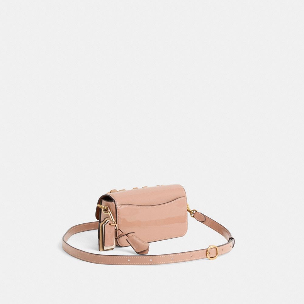 COACH®,Upcrafted Studio Bag 20,Shoulder Bag,Embossed,Metal,Studded,Logo,Applique,Gold Metal,Day Party,Beige,Angle View