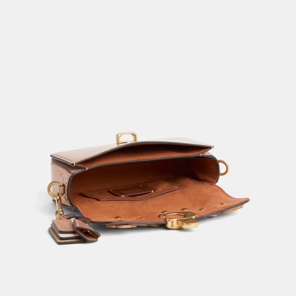 COACH®,Upcrafted Studio Bag 20,Shoulder Bag,Embossed,Metal,Studded,Logo,Applique,Gold Metal,Day Party,Beige,Inside View,Top View