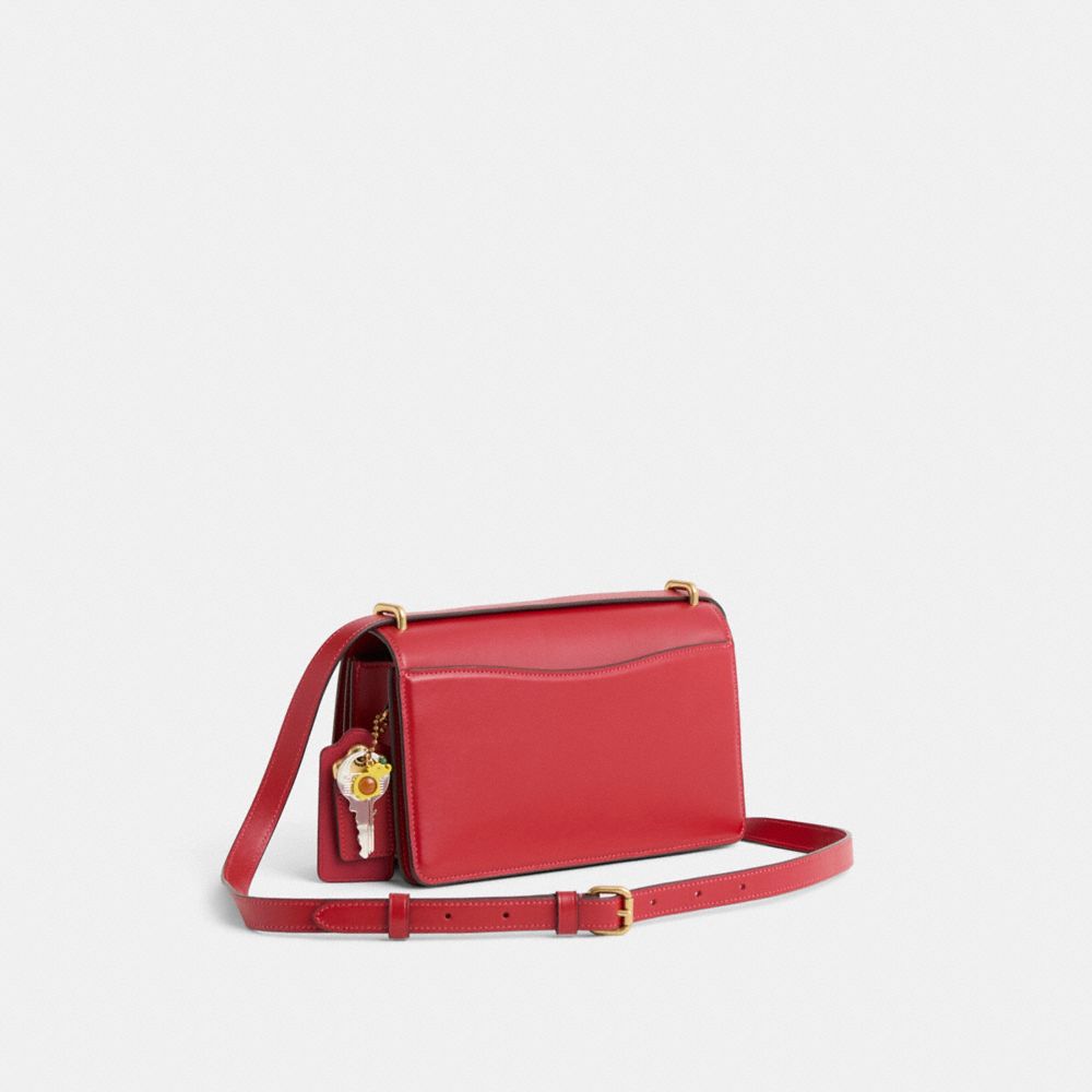COACH®,Upcrafted Bandit Shoulder Bag,Calfskin Leather,Shoulder Bag,Rhinestones,Bow,Metal,Logo,Gold Metal,Day Party,Red,Angle View
