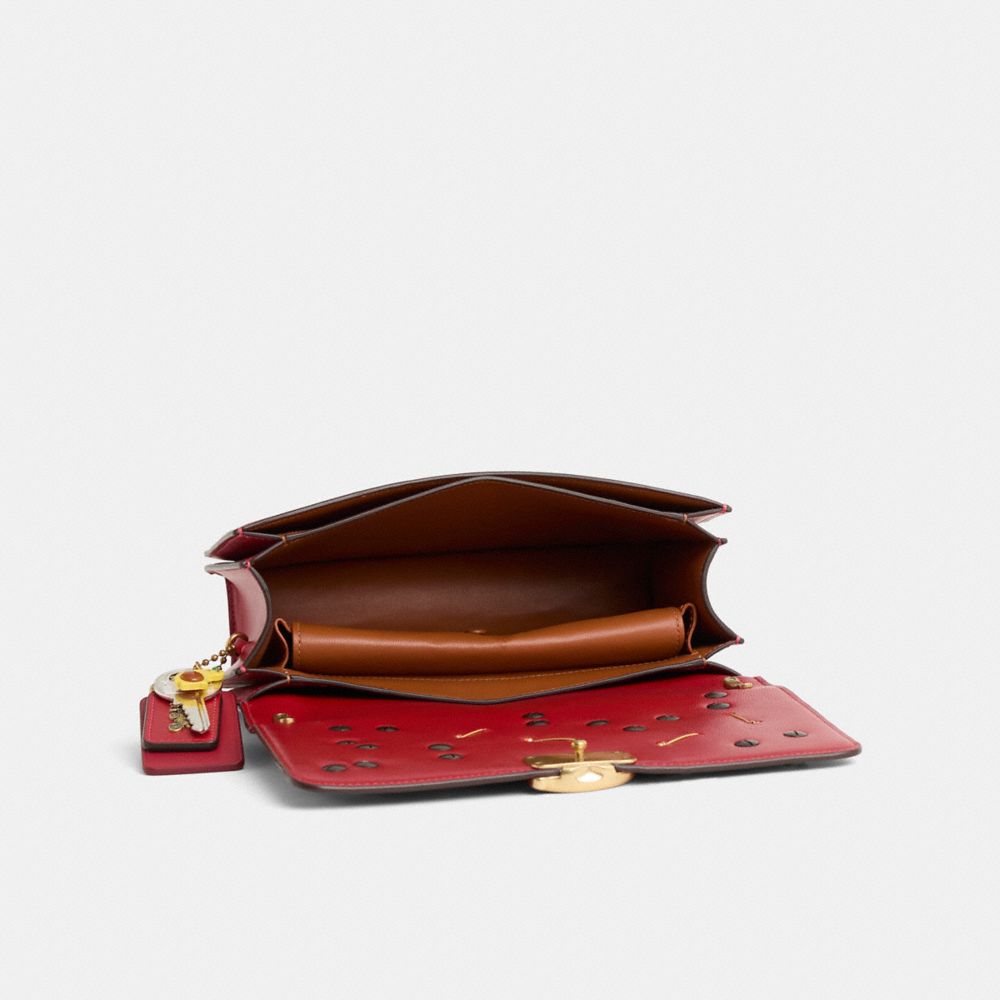 COACH®,Upcrafted Bandit Shoulder Bag,Calfskin Leather,Shoulder Bag,Rhinestones,Bow,Metal,Logo,Gold Metal,Day Party,Red,Inside View,Top View