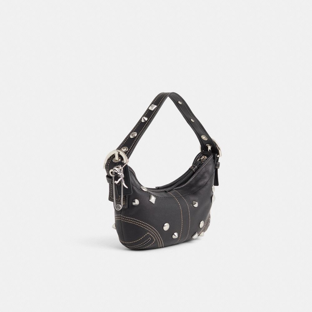COACH®,Upcrafted Vintage Soho Small Hobo,Leather,Hobo,Embossed,Logo,Stitching,Studded,Silver Metal,Day Party,Casual,Black,Angle View
