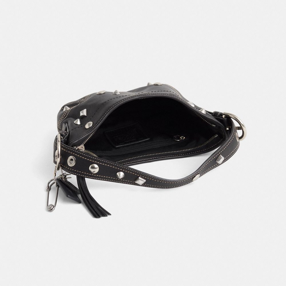 COACH®,Upcrafted Vintage Soho Small Hobo,Leather,Hobo,Embossed,Logo,Stitching,Studded,Silver Metal,Day Party,Casual,Black,Inside View,Top View