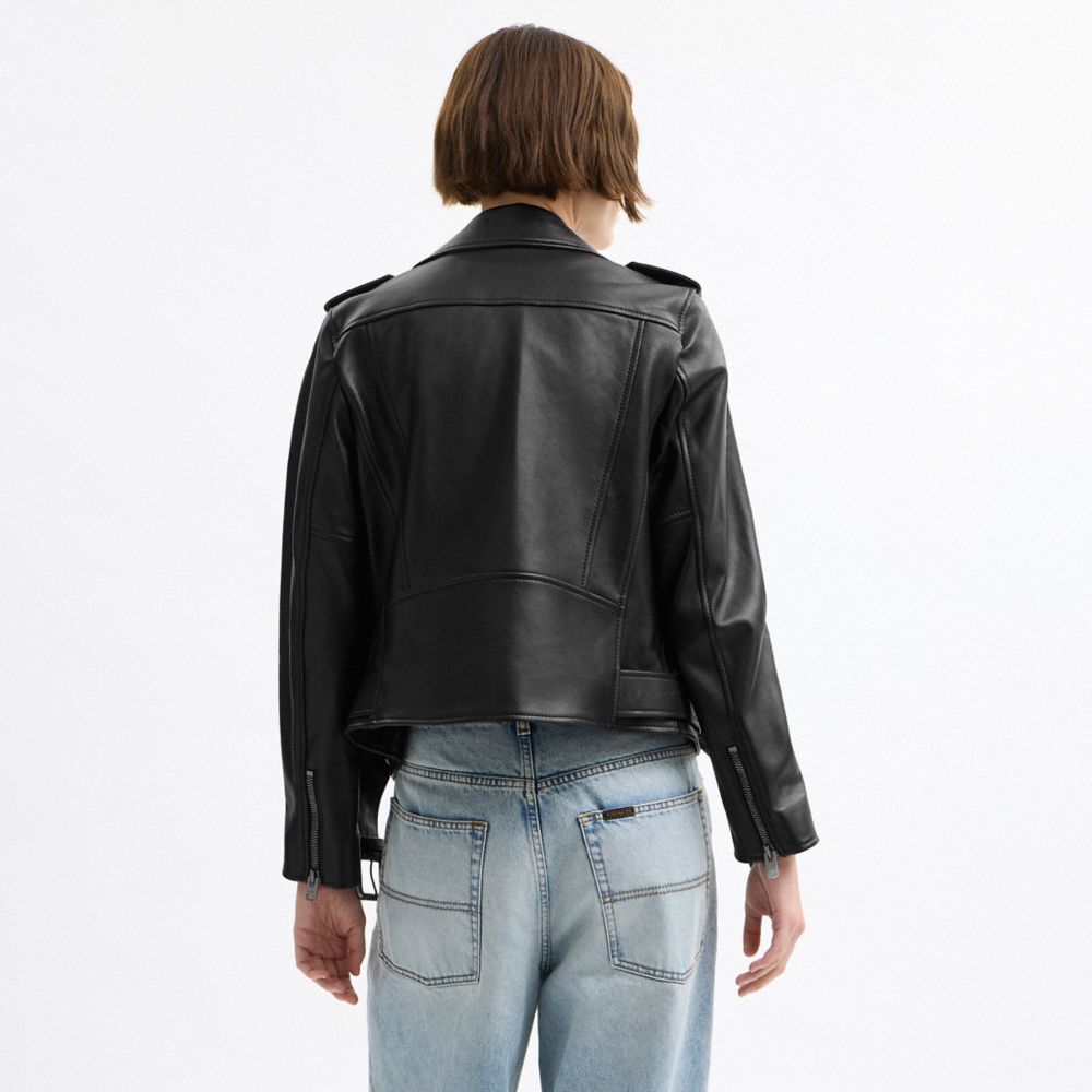 COACH®,Belted Moto Jacket,Leather,Moto,Button,Zipper,Casual,Black,Scale View