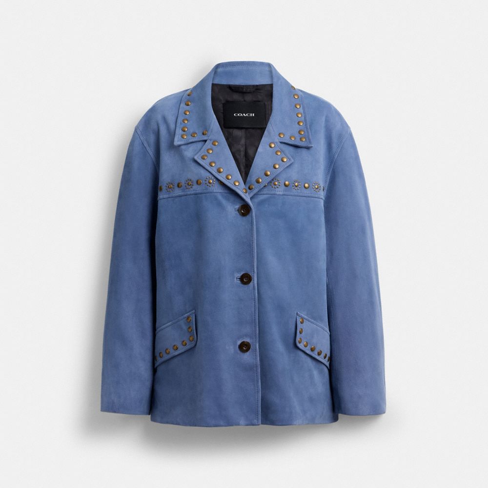 COACH®,Studded Suede Jacket,Viscose,Recycled Polyester,Suede,Blazer,Embellished,Studded,Day Party,Blue,Front View