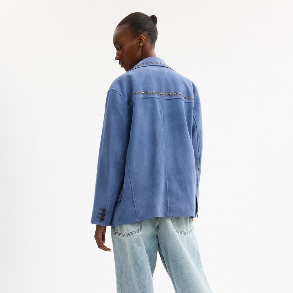 COACH®,Studded Suede Jacket,Viscose,Recycled Polyester,Suede,Blazer,Embellished,Studded,Day Party,Blue,Scale View